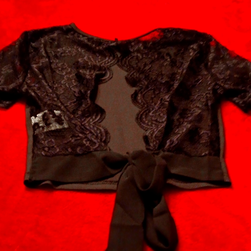 Black, lace back with tie, crop top.
